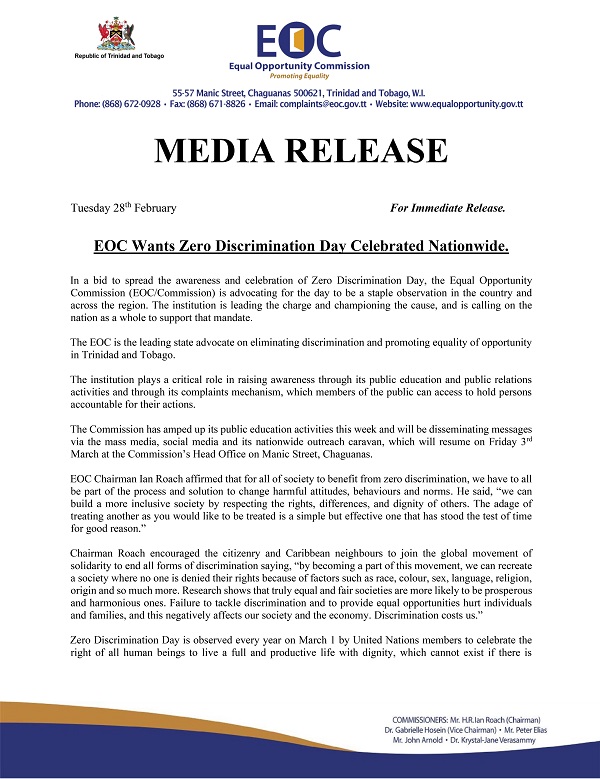 EOC Wants Zero Discrimination Day Celebrated Nationwide